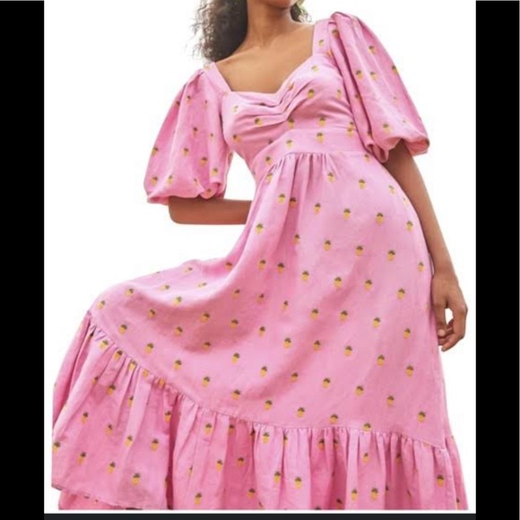 Farm Rio Pink Maxi Dress with Embroidered Pineapples. Puff Sleeves +Ruffle skirt - Picture 3 of 12
